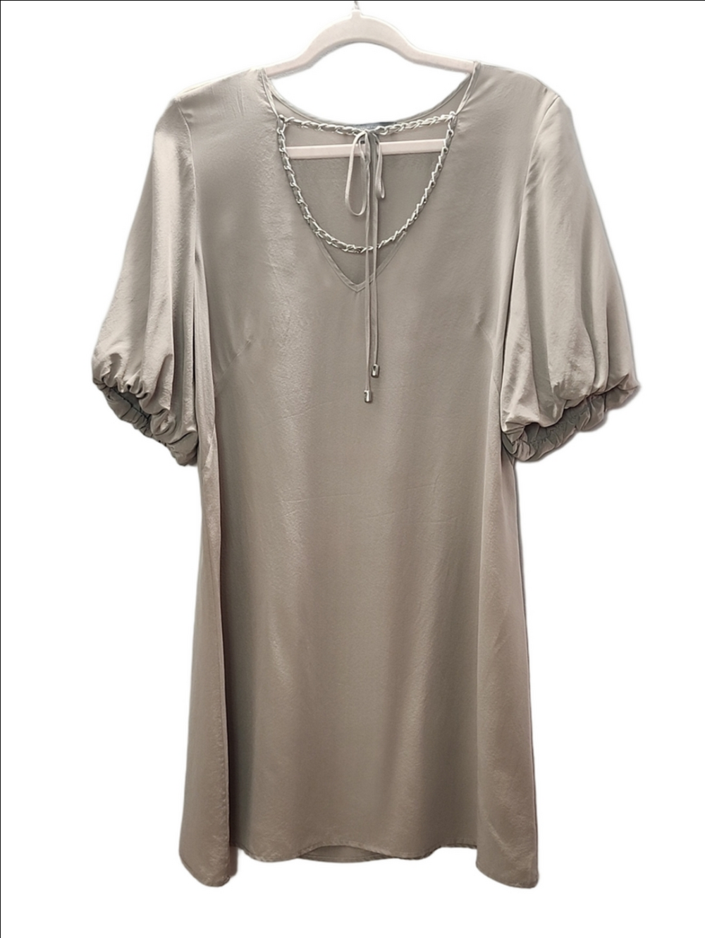 ARMANI EXCHANGE 100% Satin Taupe puff sleeve v-neck Mini Dress